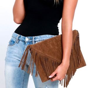 Lulu’s Hot Second Tan Suede Fringe Clutch